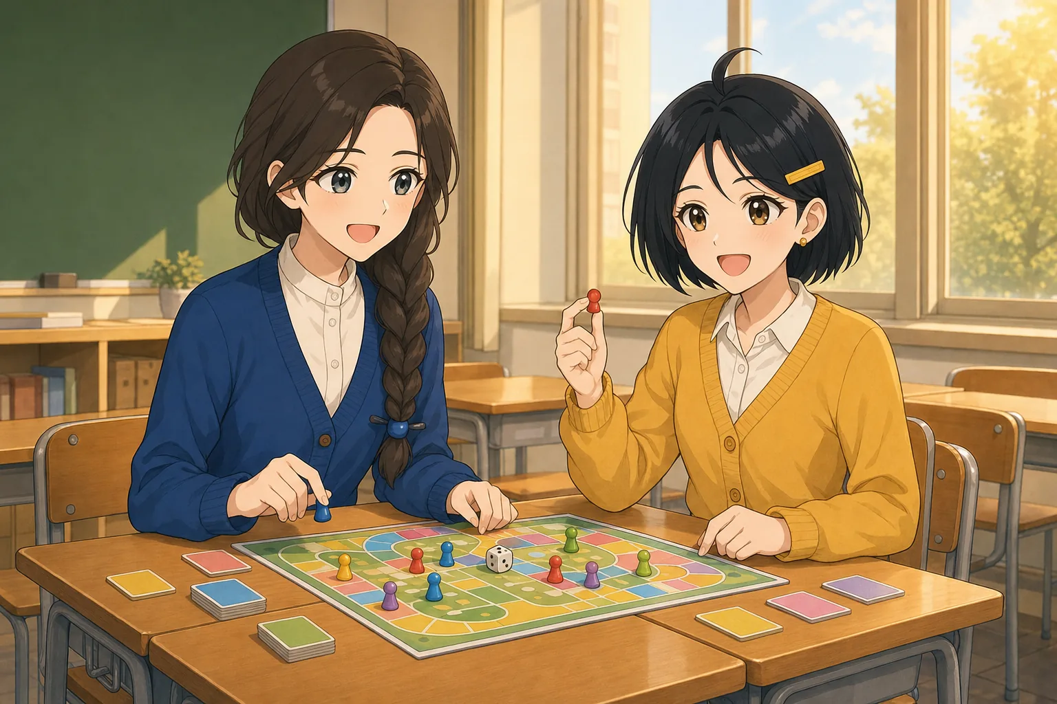 茶谷結、墨谷まるが放課後の教室でボードゲームを楽しむ様子