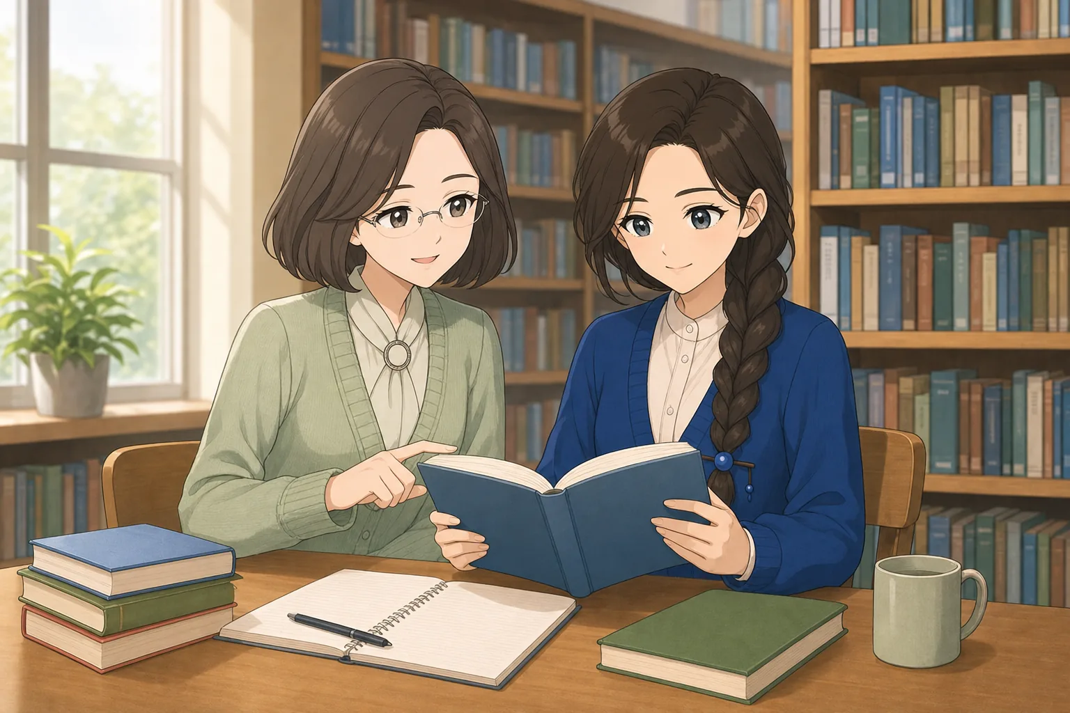 白河恭子先生、茶谷結が図書室で読書会を楽しむ様子