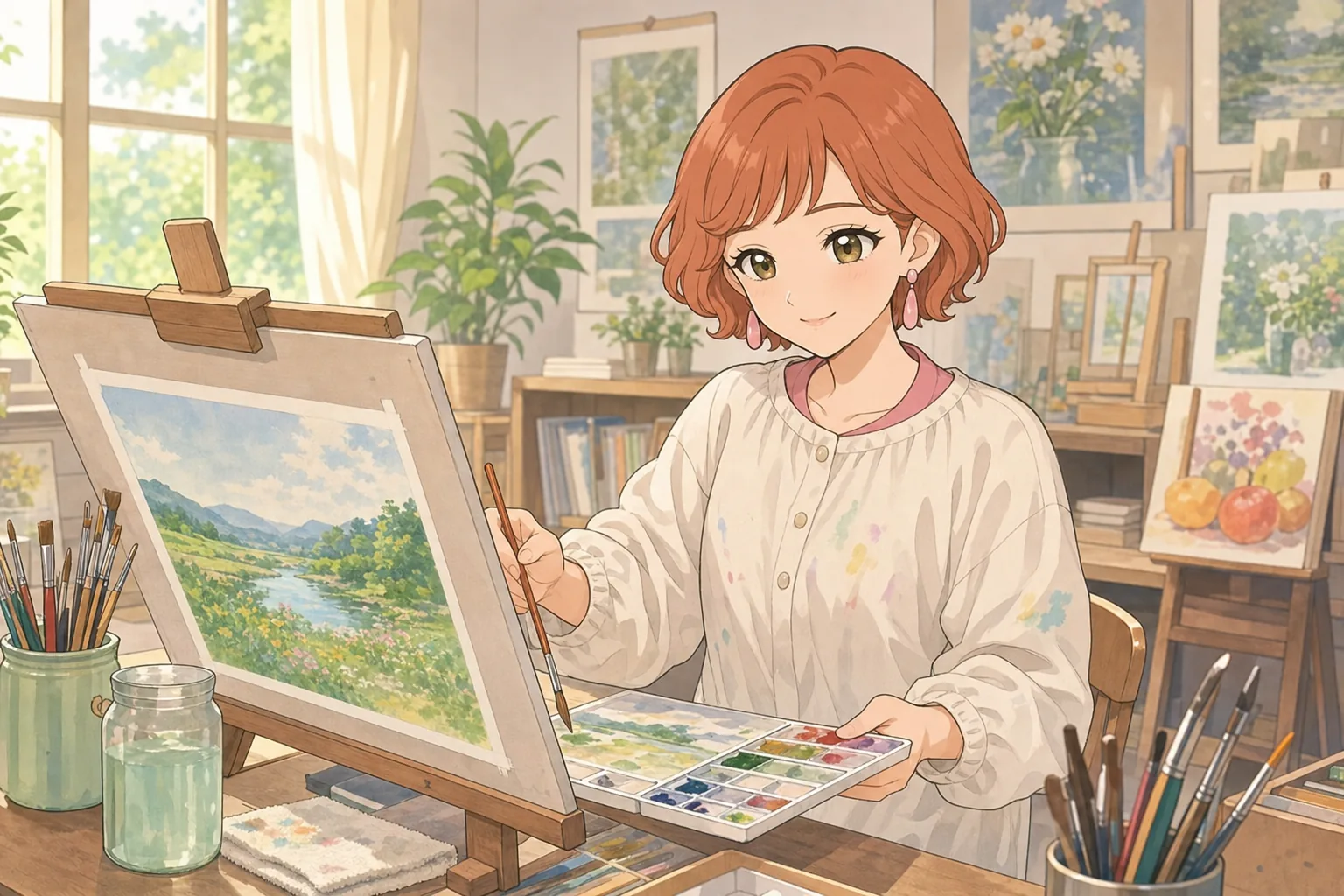 橙川こよみが美術室で水彩画を楽しむ様子