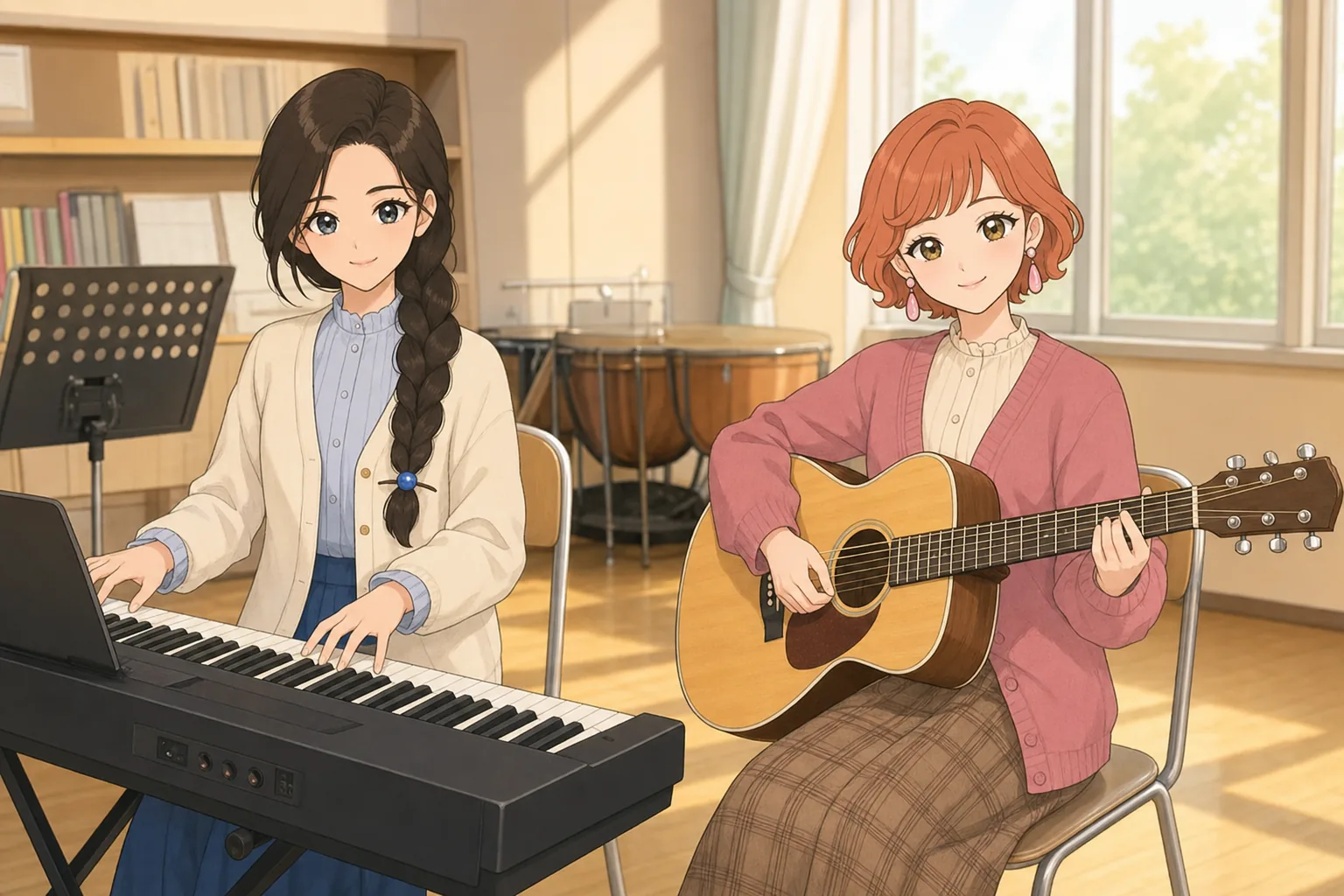 茶谷結、橙川こよみが音楽室でセッションを楽しむ様子
