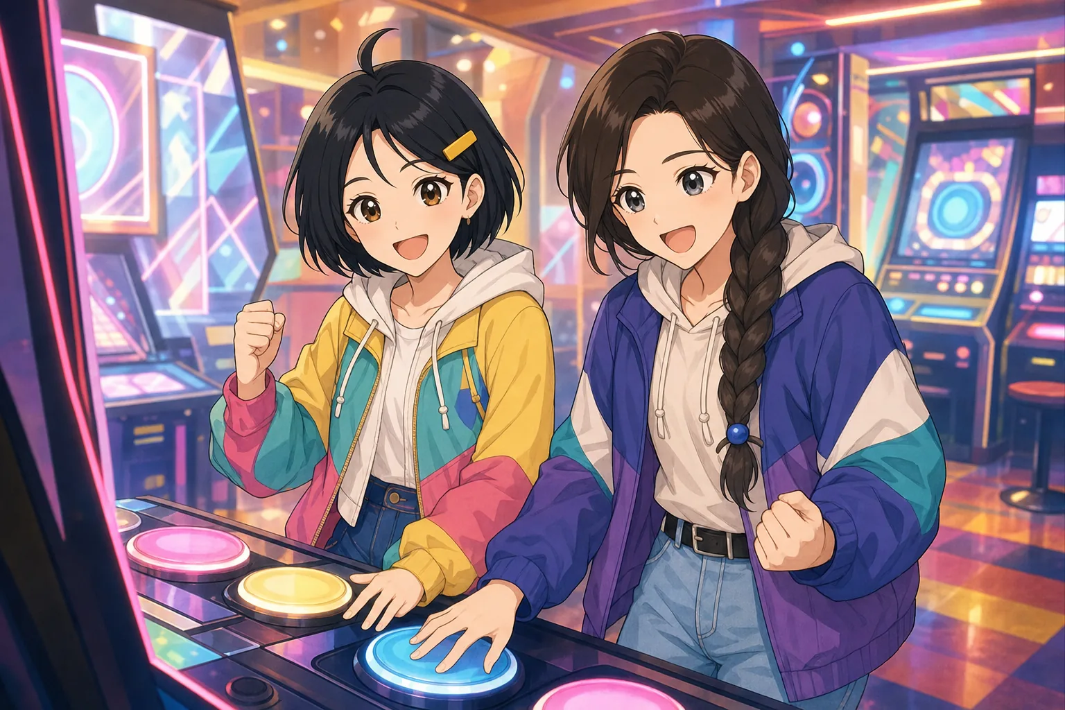 墨谷まる、茶谷結がゲームセンターで協力プレイを楽しむ様子
