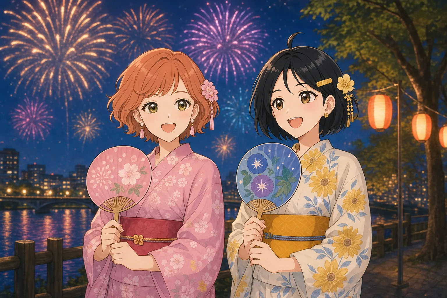 橙川こよみ、墨谷まるが浴衣で花火鑑賞を楽しむ様子