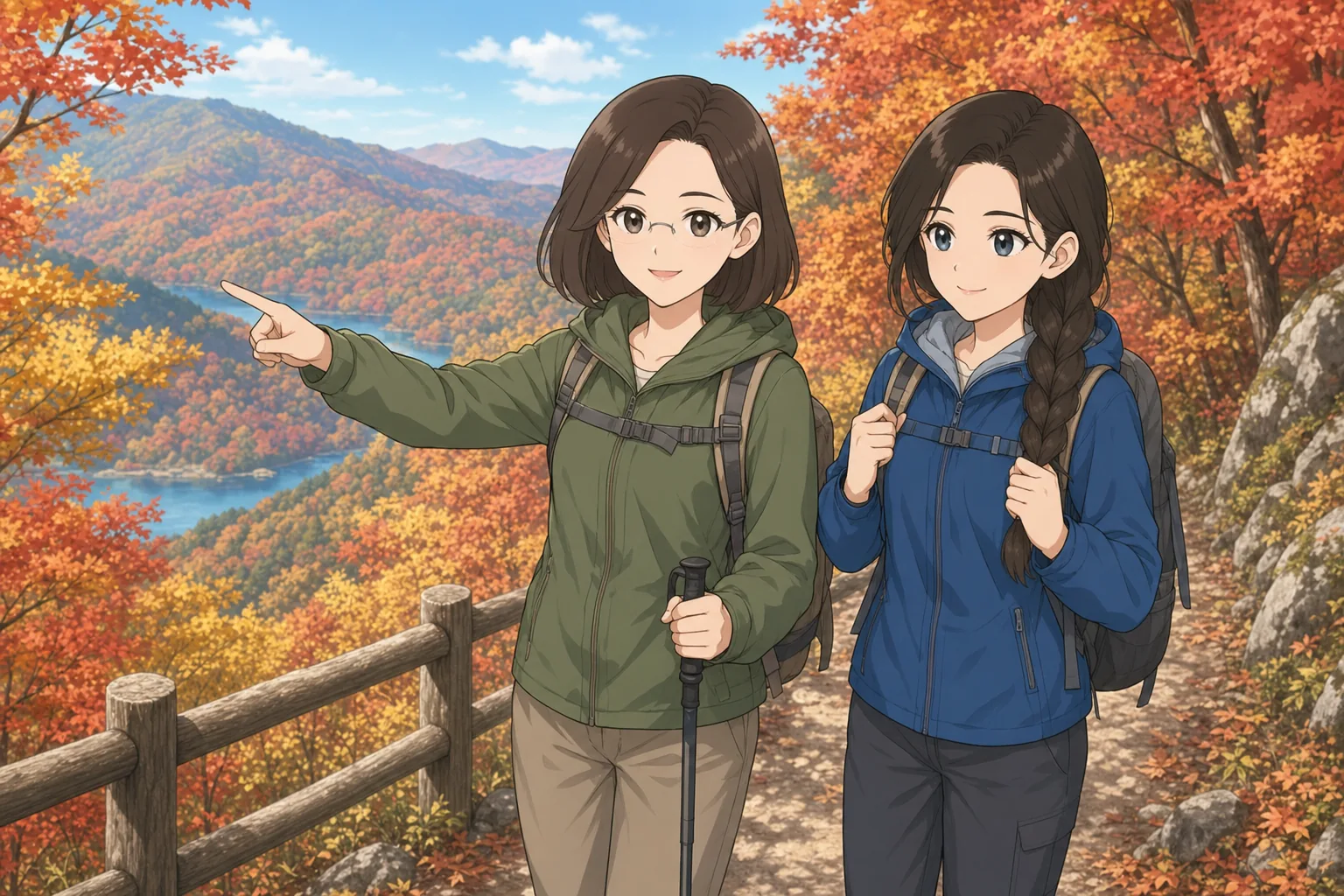 白河恭子先生、茶谷結が紅葉の山をハイキングを楽しむ様子