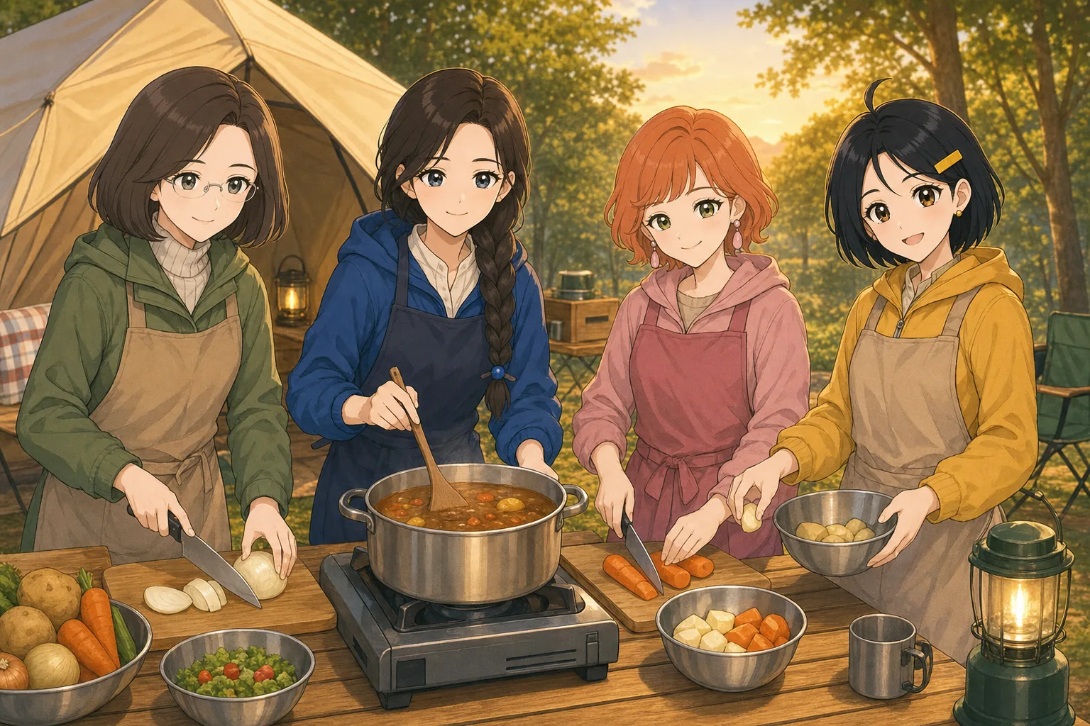 白河恭子先生、茶谷結、橙川こよみ、墨谷まるがキャンプでカレー作りを楽しむ様子