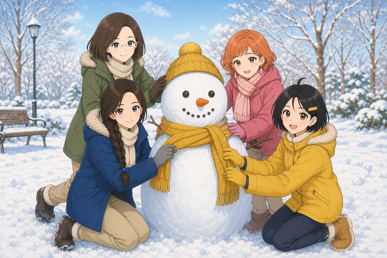 白河恭子先生、茶谷結、橙川こよみ、墨谷まるが雪だるま作りを楽しむ様子