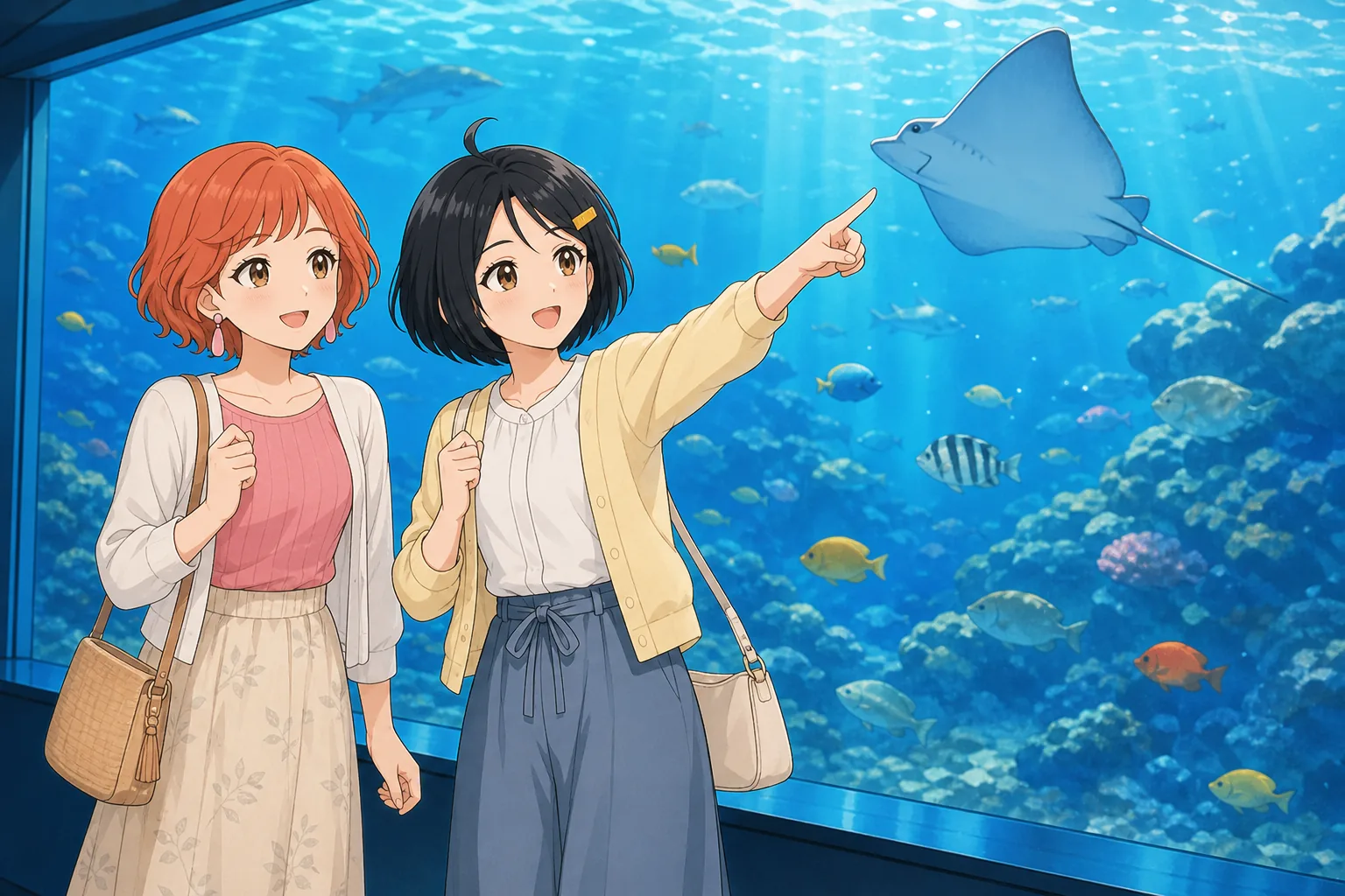 橙川こよみ、墨谷まるが水族館で大水槽を鑑賞を楽しむ様子