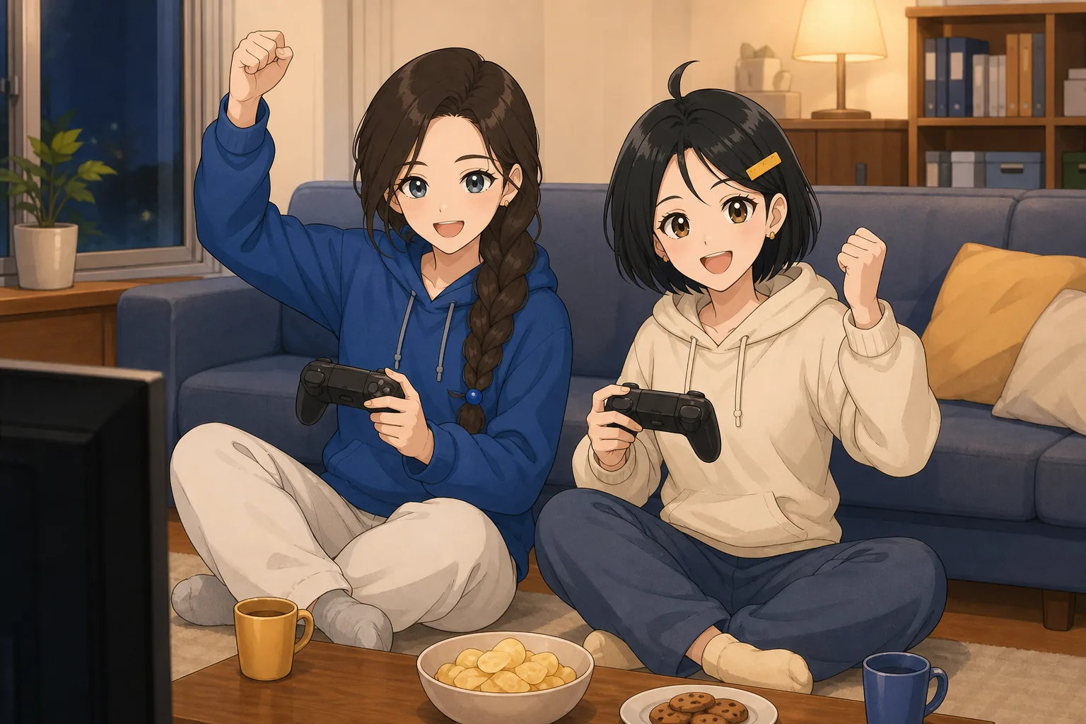 茶谷結、墨谷まるが部室で協力ゲームを楽しむ様子