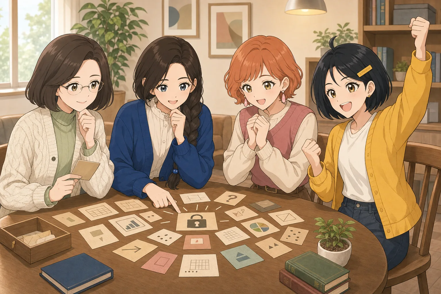 白河恭子先生、茶谷結、橙川こよみ、墨谷まるがテーブル謎解きゲームを楽しむ様子