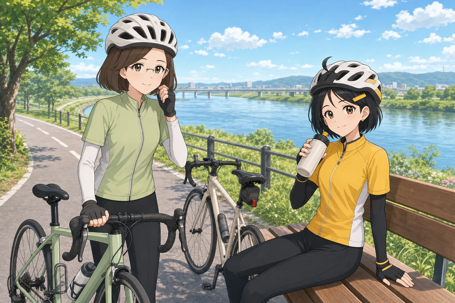 白河恭子先生、墨谷まるが川沿いをサイクリングを楽しむ様子