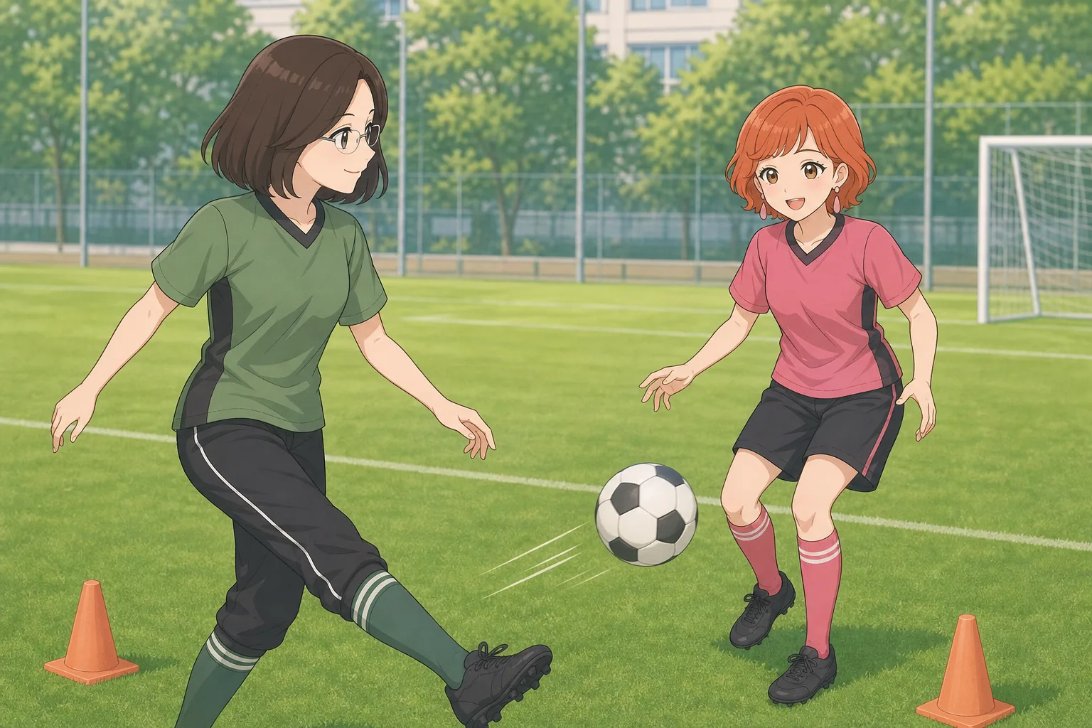 白河恭子先生、橙川こよみがグラウンドでサッカー練習を楽しむ様子