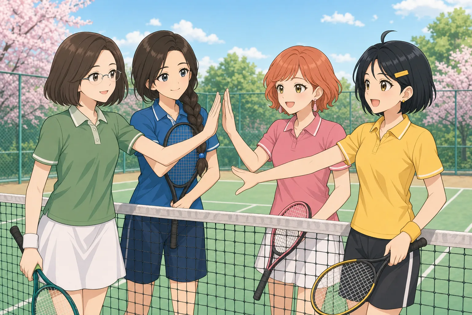 白河恭子先生、茶谷結、橙川こよみ、墨谷まるがテニスのダブルスを楽しむ様子